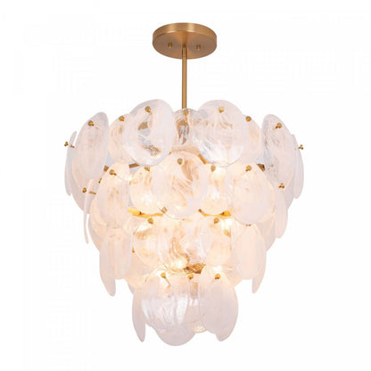 Lustre A 13 lampes Lily, Laiton Brosse Et Verre Genre Murano Blanc Vaporeux