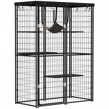 Catio Pawhut Enclos extérieur pour chats, Maison pour chats en fil soudé avec couverture imperméable, 4 plateformes de saut, hamac, cage pour chats d'intérieur pour 1 à 3 chatons, 46,5 x 22 x 62, noir