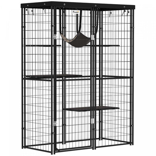 Catio Pawhut Enclos extérieur pour chats, Maison pour chats en fil soudé avec couverture imperméable, 4 plateformes de saut, hamac, cage pour chats d'intérieur pour 1 à 3 chatons, 46,5 x 22 x 62, noir