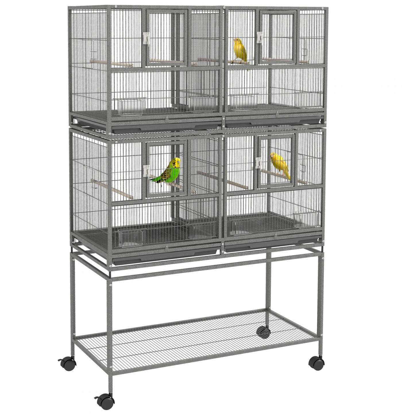 Pawhut Grande Cage A Oiseaux En Metal A Double Roulement Avec Plateau En Metal Amovible, Etagere De