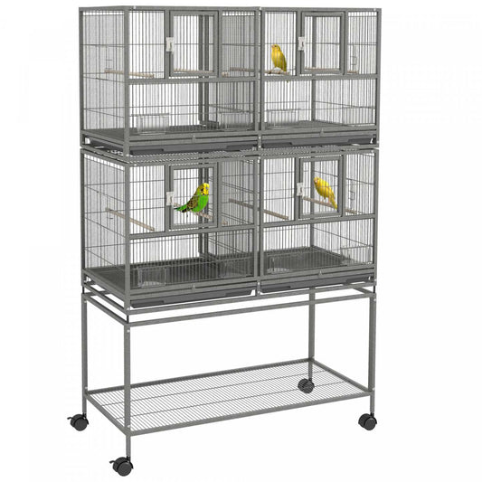 Pawhut Grande Cage A Oiseaux En Metal A Double Roulement Avec Plateau En Metal Amovible, Etagere De