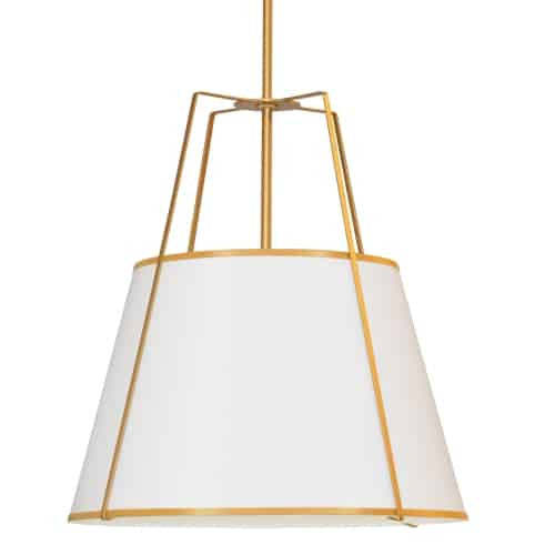 Dainolite Trapezoid 4 Light Pendant Trapezoid Gold/White Shade White Fabric Diffuser Lamp|Luminaire suspendu Trapezoid de Dainolite avec abat-jour trapézoïde doré et blanc qui diffuse la lumière, tissu blanc et 4 ampoules