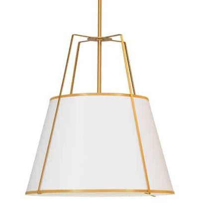Dainolite Trapezoid 4 Light Pendant Trapezoid Gold/White Shade White Fabric Diffuser Lamp|Luminaire suspendu Trapezoid de Dainolite avec abat-jour trapézoïde doré et blanc qui diffuse la lumière, tissu blanc et 4 ampoules