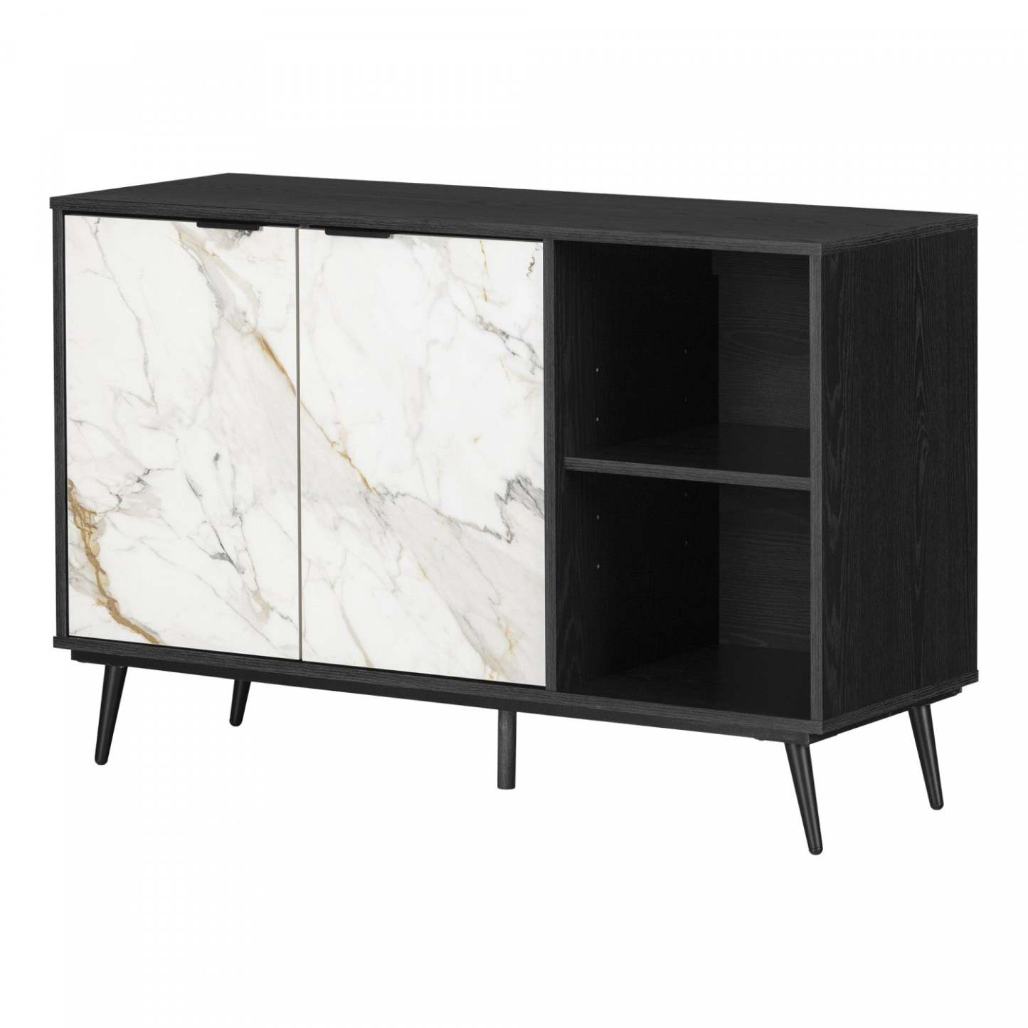 Buffet Mezzy à 2 portes avec rangement ouvert - Chêne noir et faux marbre blanc | Mezzy Buffet 2 Portes Avec Rangement Ouvert - Chene Noir Et Faux Marbre Blanc