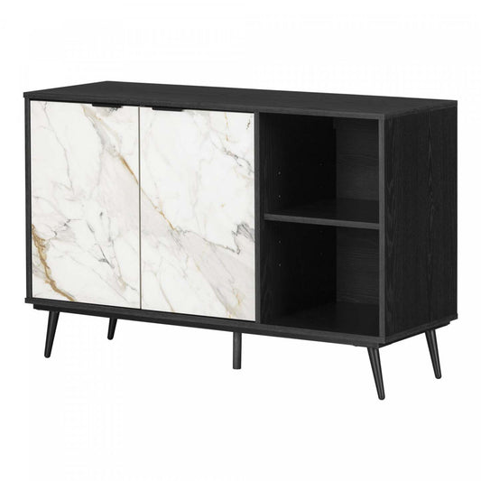 Buffet Mezzy à 2 portes avec rangement ouvert - Chêne noir et faux marbre blanc | Mezzy Buffet 2 Portes Avec Rangement Ouvert - Chene Noir Et Faux Marbre Blanc