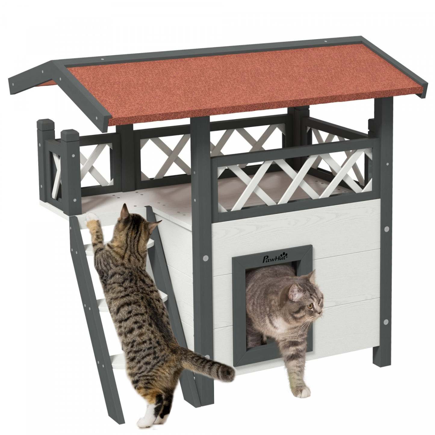 Pawhut Maison D'exterieur Pour Chat, Abri A 2 Etages Pour Chats Sauvages, Condo En Bois Pour Chaton Avec Toit En Asphalte