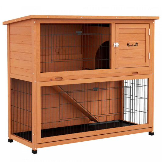 Pawhut Clapier A Lapin En Bois, Cage A Lapin Exterieure A 2 Etages, Plateaux, Rampe, Toit En Asphalt