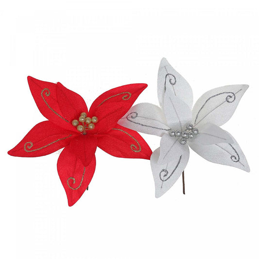 Glitter Swirl Poinsettia Pick - Set of 12 Artificial Flower|Décoration florale avec poinsettia à motif de spirale à paillettes - ensemble de 12 fleurs artificielles