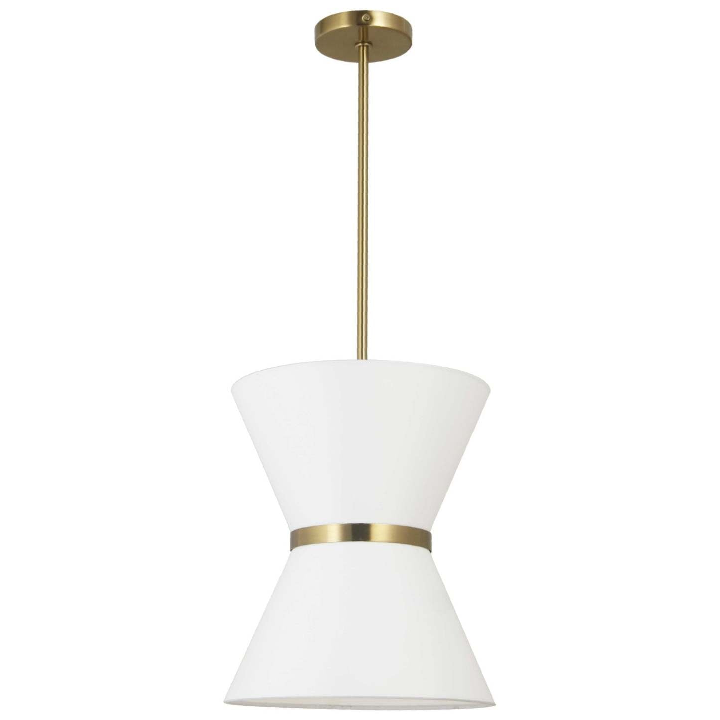 Dainolite Caterine 1 Light Pendant 12 Dia Aged Brass Finish Gold Ring/White Shade Lamp|Luminaire suspendu Caterine de Dainolite de 12 po de diamètre, avec abat-jour blanc, anneau argenté, fini laiton vieilli et 1 ampoule