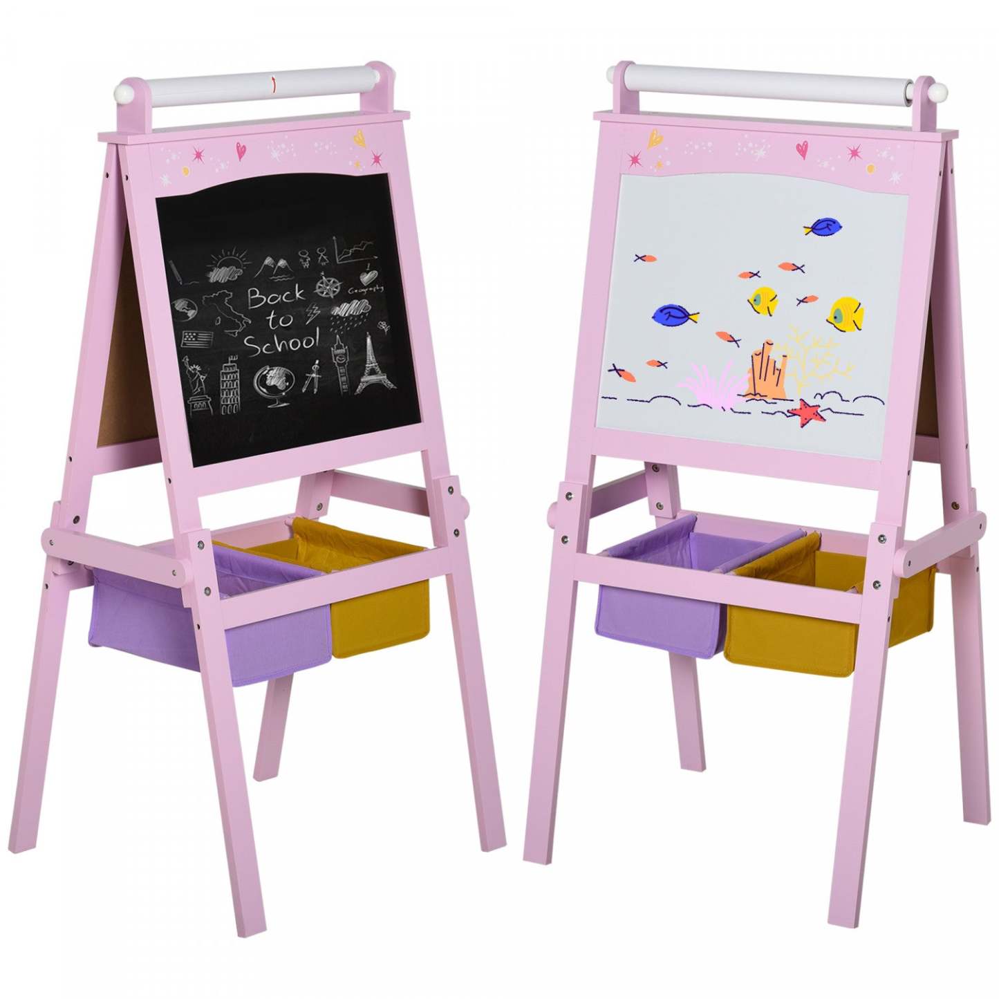 Qaba Chevalet D'art En Bois 3 En 1 Pour Enfants Avec Rouleau De Papier Tableau Noir Double Face Et Tableau Blanc Cadeau Pour Enfant