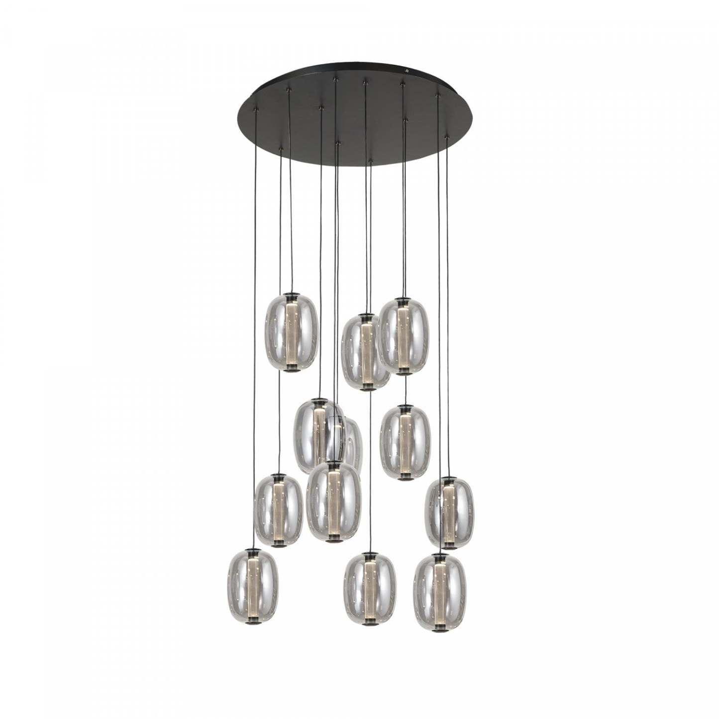 Lustre à 12 ampoules LED intégrées Vega, noir avec lampe en verrerie fumée foncée | Lustre intégré à 12 lampes Vega, noir avec verre fumé foncé
