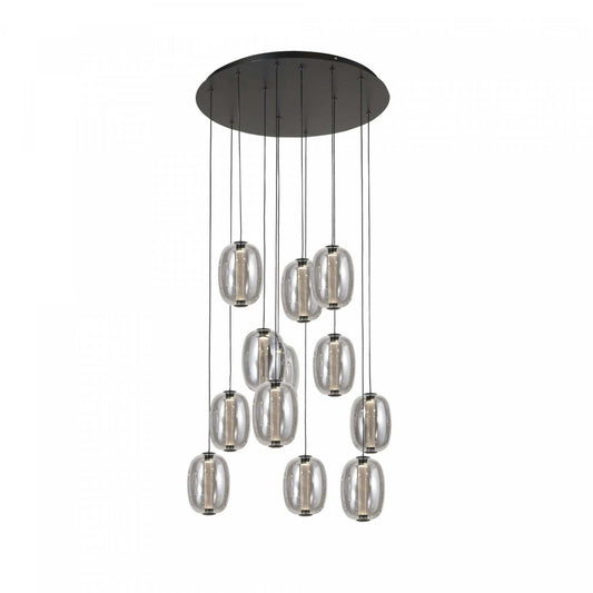 Lustre à 12 ampoules LED intégrées Vega, noir avec lampe en verrerie fumée foncée | Lustre intégré à 12 lampes Vega, noir avec verre fumé foncé