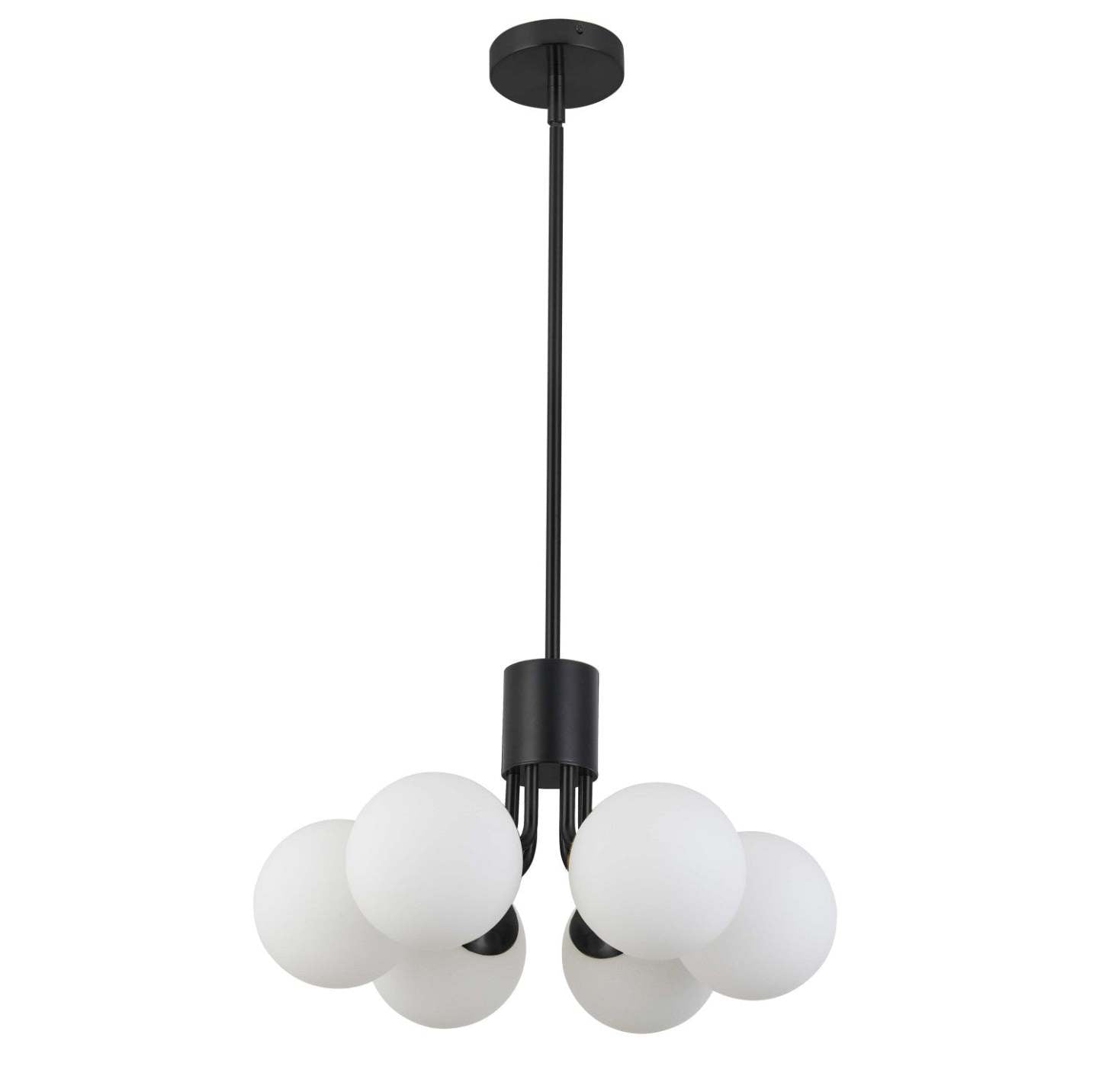 Dainolite Amanda 6 Light Pendant Matte Black Finish White Opal Glass Lamp|Luminaire suspendu Amanda de Dainolite en verre blanc opale, avec fini noir mat et 6 ampoules