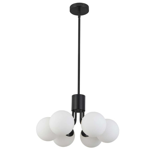 Dainolite Amanda 6 Light Pendant Matte Black Finish White Opal Glass Lamp|Luminaire suspendu Amanda de Dainolite en verre blanc opale, avec fini noir mat et 6 ampoules