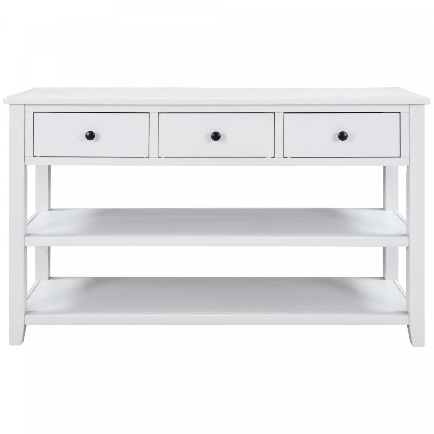 Wendy Table console en bois massif avec 3 tiroirs et 2 étagères ouvertes, armoire d'appoint blanc antique | Console Wendy En Bois Massif Avec 3 Tiroirs Et 2 Etageres Ouvertes, Blanc Antique