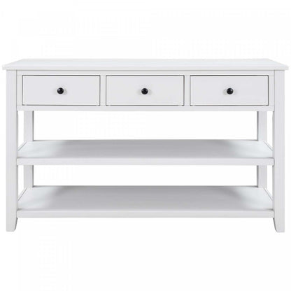 Wendy Table console en bois massif avec 3 tiroirs et 2 étagères ouvertes, armoire d'appoint blanc antique | Console Wendy En Bois Massif Avec 3 Tiroirs Et 2 Etageres Ouvertes, Blanc Antique