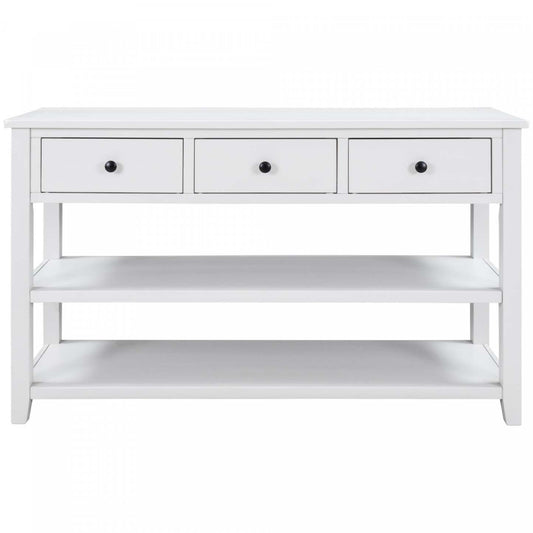 Wendy Table console en bois massif avec 3 tiroirs et 2 étagères ouvertes, armoire d'appoint blanc antique | Console Wendy En Bois Massif Avec 3 Tiroirs Et 2 Etageres Ouvertes, Blanc Antique