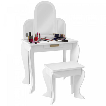 Qaba Ensemble Coiffeuse Et Chaises Pour Enfants, Coiffeuse Pour Filles, Bureau De Maquillage Avec Tiroir Pour Enfants De 3 À 6 Ans
