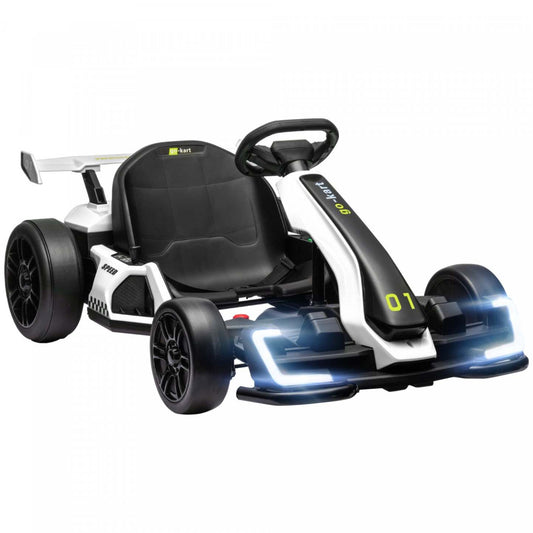 Aosom Go Kart, kart à dérapage électrique 24v pour enfants avec siège réglable, démarrage lent, ceinture de sécurité, klaxon, musique, lumière, véhicule à batterie pour enfants de 6 à 12 ans, blanc