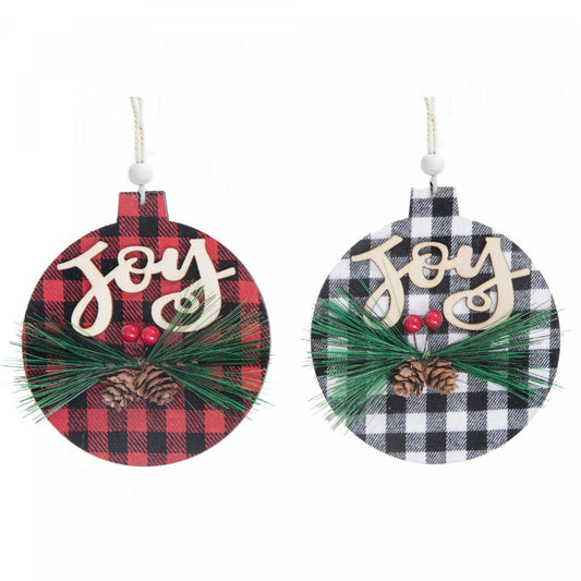 Buffalo Plaid Joy on Ball Wood Ornament - Set of 12 Christmas Ornaments|Ornement en bois « Joy » sur boule à point à carreaux - ensemble de 12 ornements de Noël