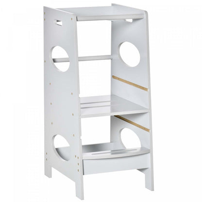 Homcom Marchepied Enfant Tabouret De Cuisine Pour Tout-petits Avec Plate-forme Debout réglable Et Barrière De Sécurité, Gris