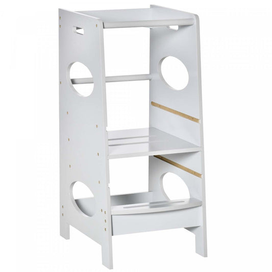 Homcom Marchepied Enfant Tabouret De Cuisine Pour Tout-petits Avec Plate-forme Debout réglable Et Barrière De Sécurité, Gris