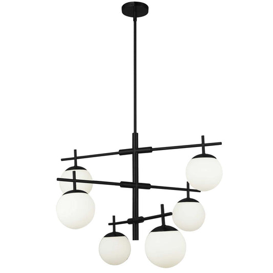 Dainolite Caelia 6 Light Chandelier Matte Black White Opal Glass Lamp|Lustre Caelia de Dainolite en verre blanc opale, avec fini noir mat et 6 ampoules