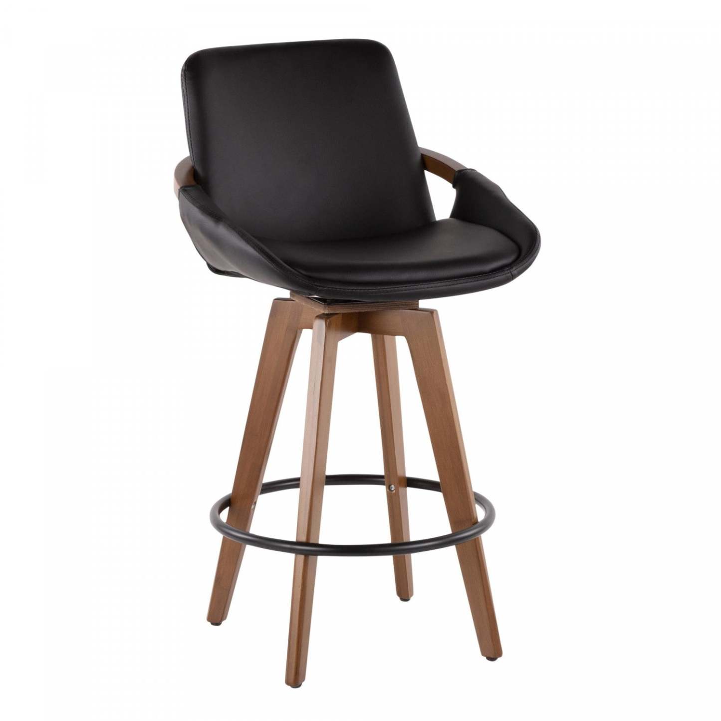 LumiSource Cosmo Tabouret de hauteur comptoir en similicuir moderne du milieu du 20e siècle - Noyer/Noir