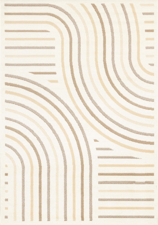 Tapis Forte Cream Beige Brown Curvy Lines - 5'3 x 7'5|Carpette Forte crème, beige et brune à motif de lignes courbées - 5 pi 3 po x 7 pi 5 po