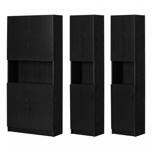 Liora Set Of Bookcase And 2 2-door Narrow Bookcases - Black Oak | Liora Ensemble Bibliotheque Et 2 Bibliotheques Etroites 2 Portes - Chene Noir