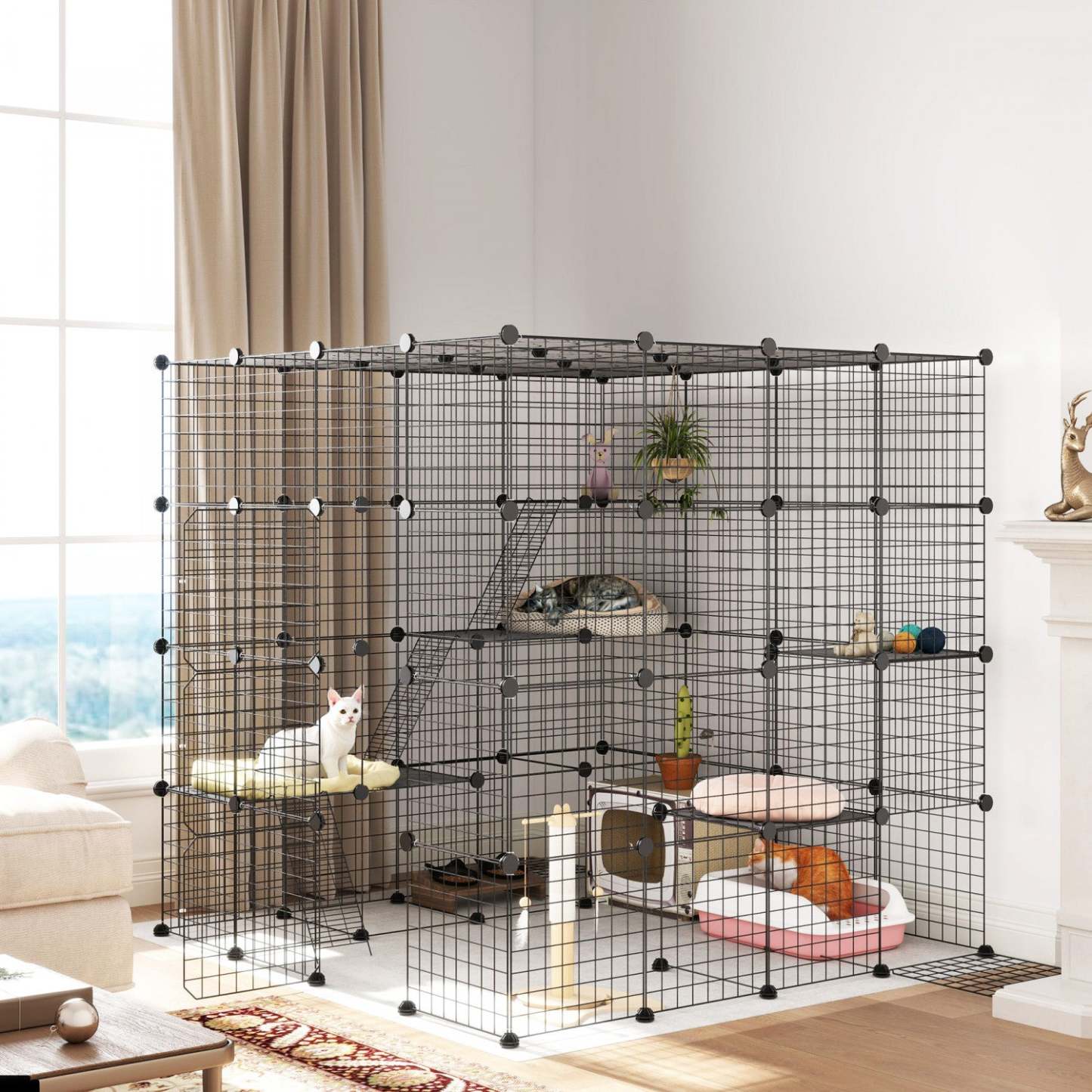 Pawhut Diy Grande Cage à Chats Intérieure, Catio Parc de Jeux pour Animaux avec Plates-formes, Rampes, Espace d'Exercice pour Chatons pour 1-3 Chats, Lapins et Chinchillas, 55 X 55 X 55in, 87 Panneaux, Noir