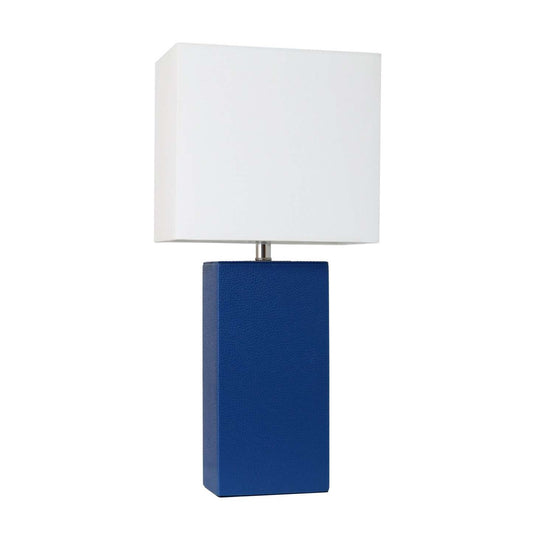 Lampe de table moderne Elegant Designs en cuir avec abat-jour en tissu blanc, bleue | D213KR7K