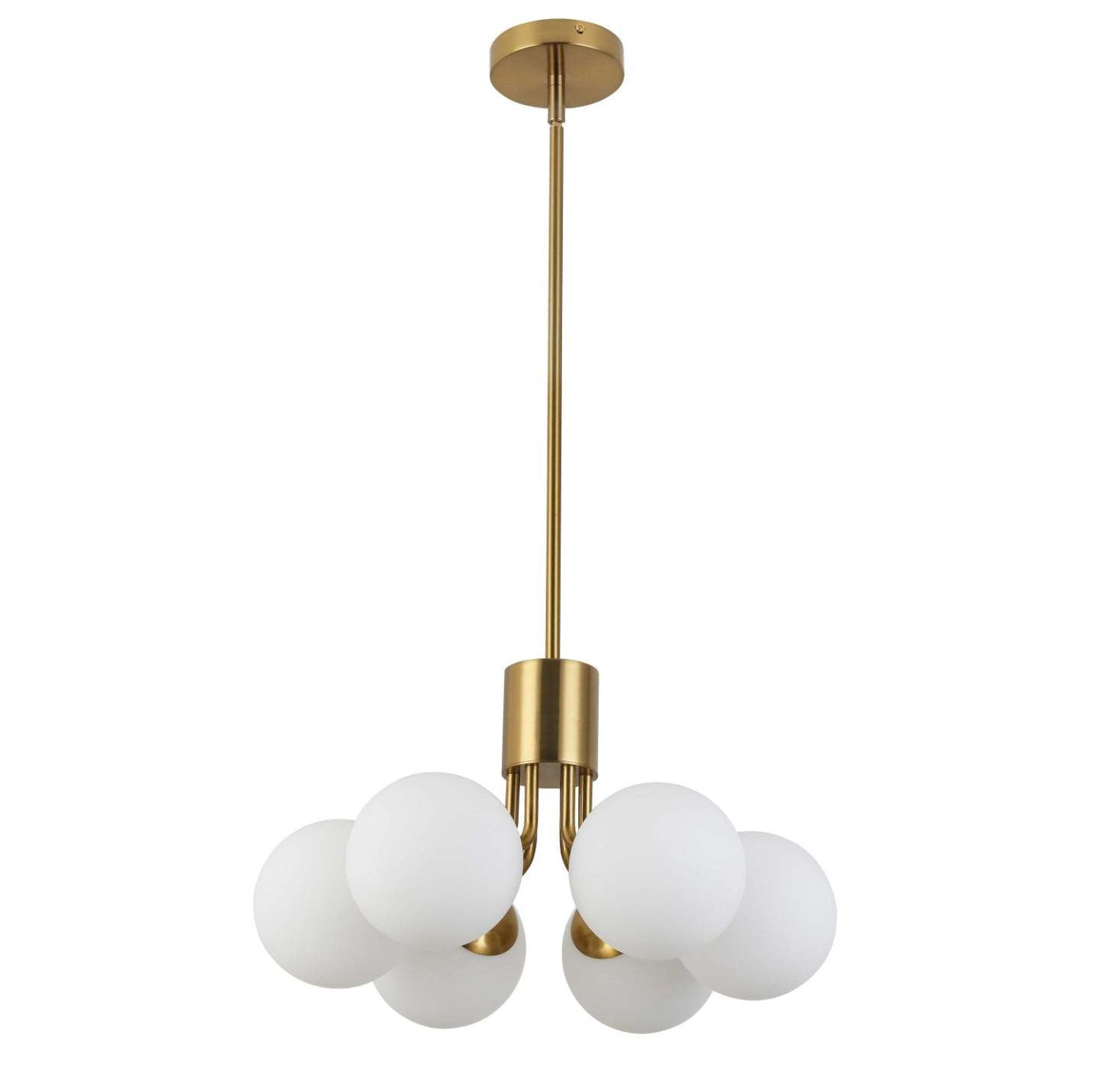 Dainolite Amanda 6 Light Pendant Aged Brass Finish White Opal Glass Lamp|Luminaire suspendu Amanda de Dainolite en verre blanc opale, avec fini laiton vieilli et 6 ampoules