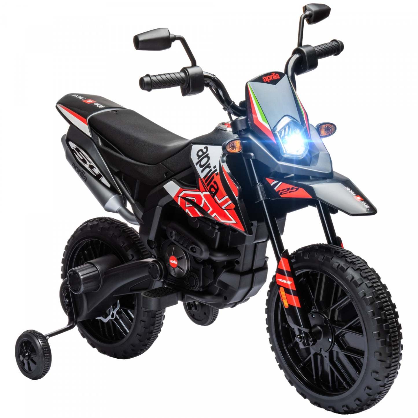 Qaba Moto Électrique pour Enfants 12v, Moto Tout-Terrain Alimentée par Batterie Licenciée Aprilia avec Roues d'Apprentissage, Suspension à Ressort, Phare, Musique, Pour Garçons et Filles Âgés de 3 à 8 Ans, Rouge