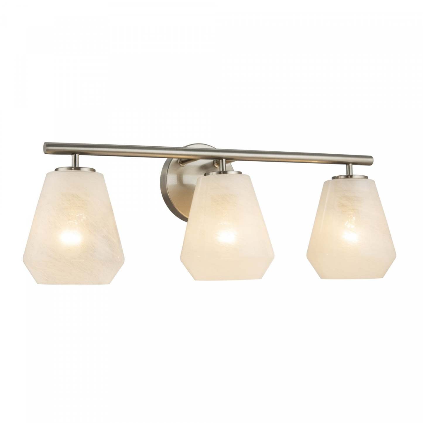 Meuble-lavabo de salle de bain à 3 lumières Brooke, nickel brossé avec lampe en verrerie blanche vaporeuse | Luminaire De Salle De Bain A 3 lampes Brooke, Nickel Brosse Avec Verre Blanc Vaporeux