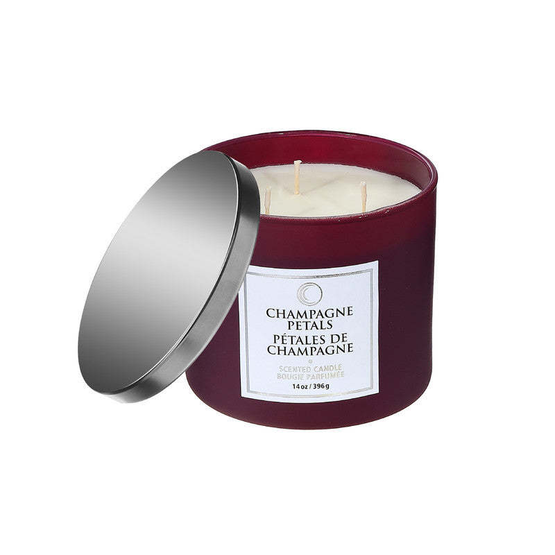 14 Oz 3 Wick Luxe Scented Candle with Lid Champagne Petals - Set of 2|Bougie parfumée de luxe de 14 oz à 3 mèches à arôme de pétales de champagne avec couvercle - ensemble de 2