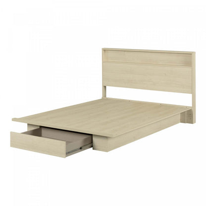 Lit plateforme Fusion avec tête de lit et étagère de rangement intégrée, chêne blanchi - Lit Queen South Shore