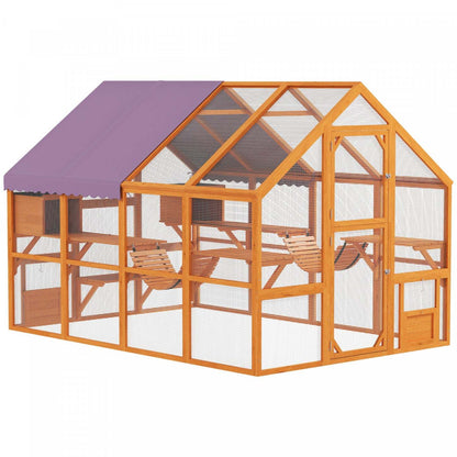 Pawhut Catio Enclos extérieur pour chats en bois avec auvent imperméable, ponts, boîtes de dépôt, plateformes, pour 3-6 chats, orange