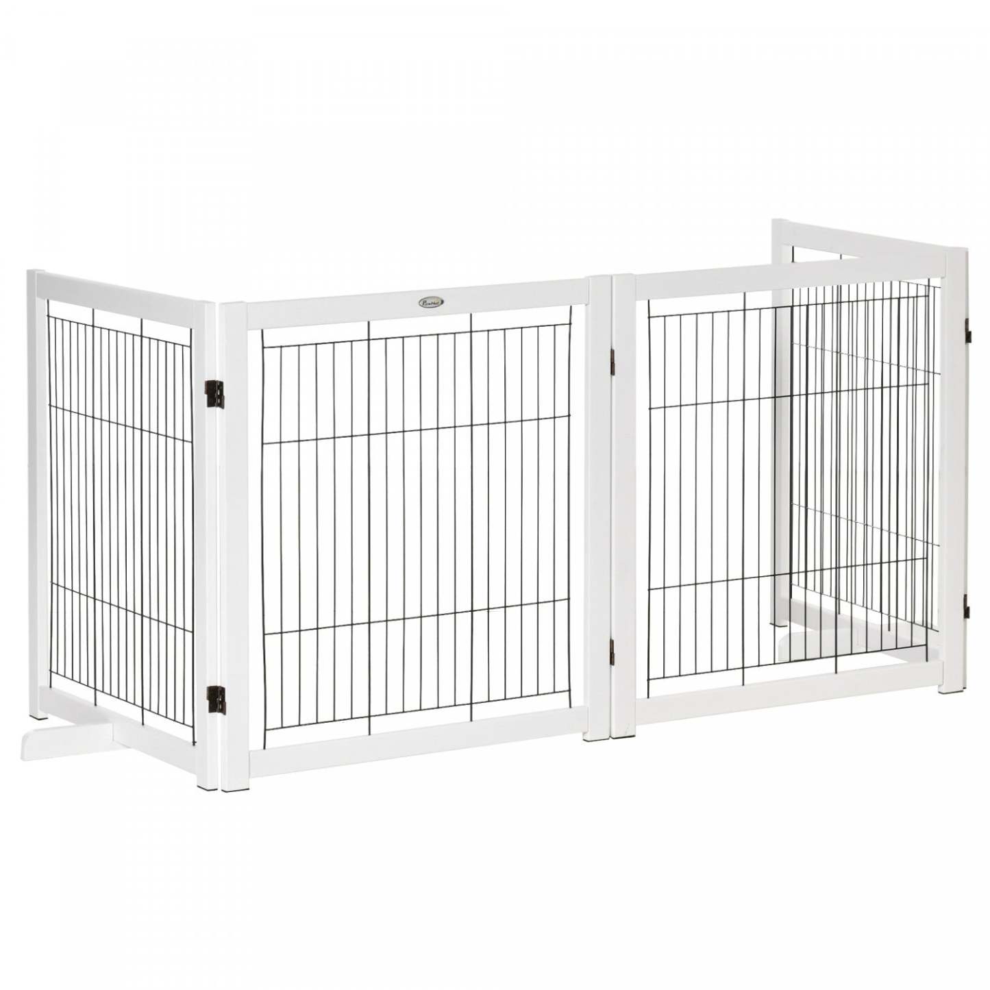 Pawhut Wooden Dog Gate Foldable Pet Fence For Small & Medium Dogs 4 Panel With Support Feet Freestan|Pawhut Barrière de sécurité pour animaux barrière modulable pliable 4 panneaux en bois de pin massif