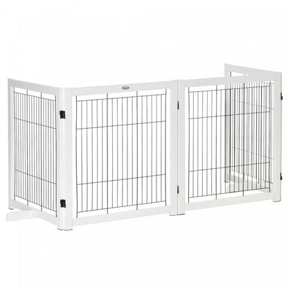 Pawhut Wooden Dog Gate Foldable Pet Fence For Small & Medium Dogs 4 Panel With Support Feet Freestan|Pawhut Barrière de sécurité pour animaux barrière modulable pliable 4 panneaux en bois de pin massif