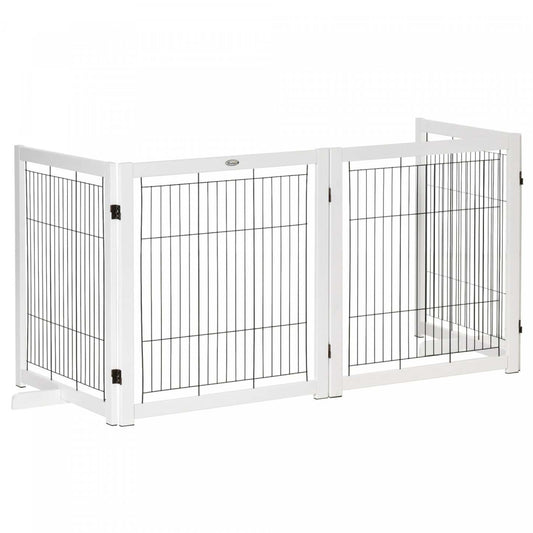 Pawhut Wooden Dog Gate Foldable Pet Fence For Small & Medium Dogs 4 Panel With Support Feet Freestan|Pawhut Barrière de sécurité pour animaux barrière modulable pliable 4 panneaux en bois de pin massif
