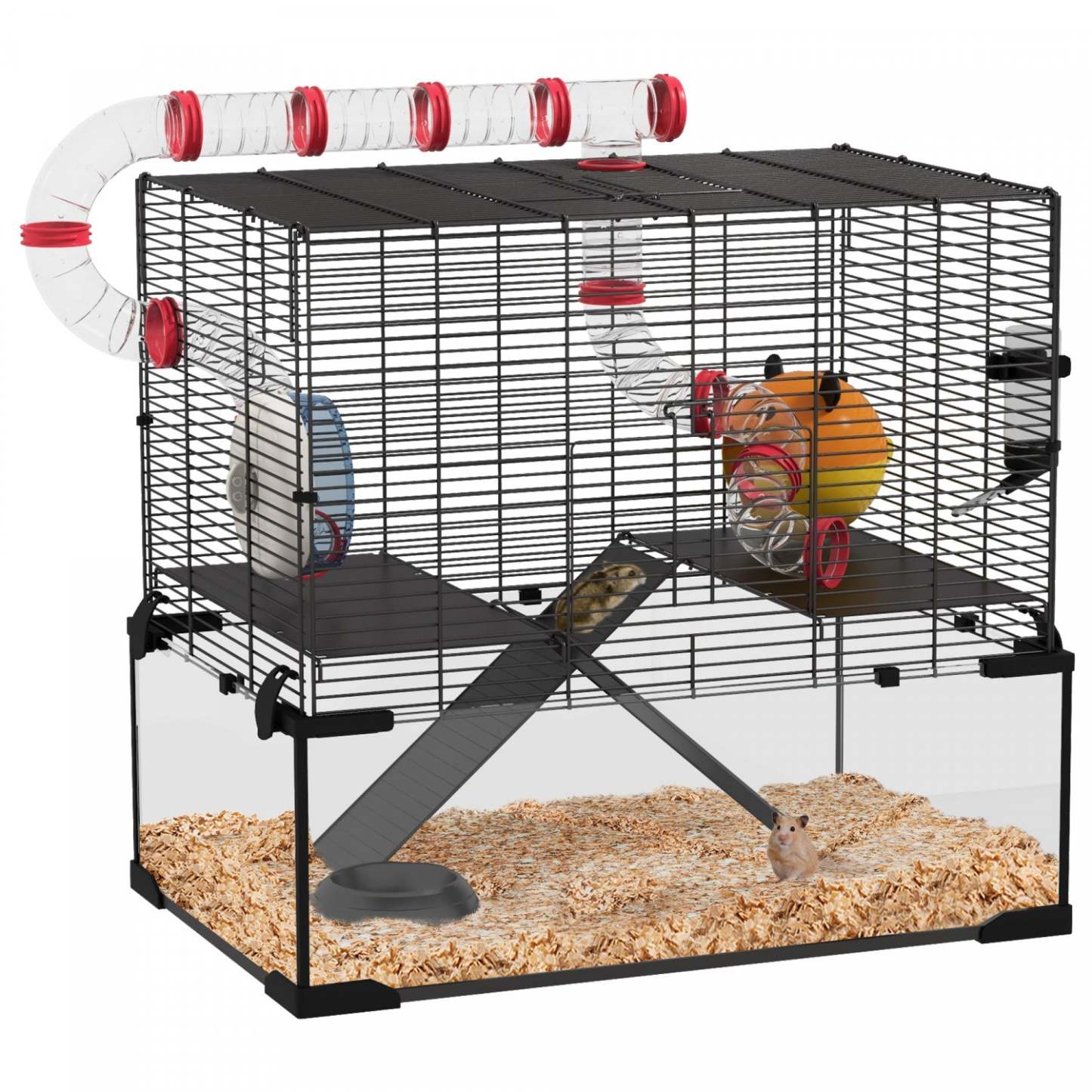 Pawhut Hamster Cage, Small Animal House With Deep Glass Bottom, Tunnel Tube System, Ramps, Platforms|Pawhut Cage Pour Hamster, Maison Pour Petits Animaux Avec Fond En Verre Profond, Système De Tunnel,
