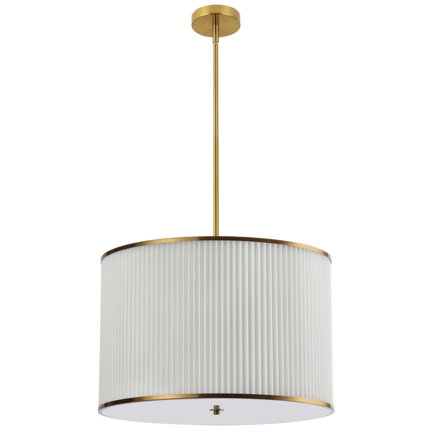 Dainolite Prudy 4 Light Pendant Aged Brass White Ceiling Shade Lamp|Luminaire suspendu Prudy de Dainolite avec abat-jour plissé blanc, fini laiton vieilli et 4 ampoules