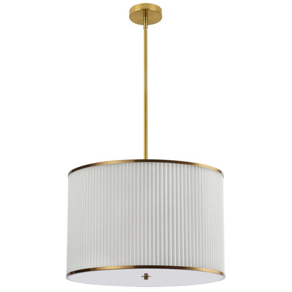 Dainolite Prudy 4 Light Pendant Aged Brass White Ceiling Shade Lamp|Luminaire suspendu Prudy de Dainolite avec abat-jour plissé blanc, fini laiton vieilli et 4 ampoules