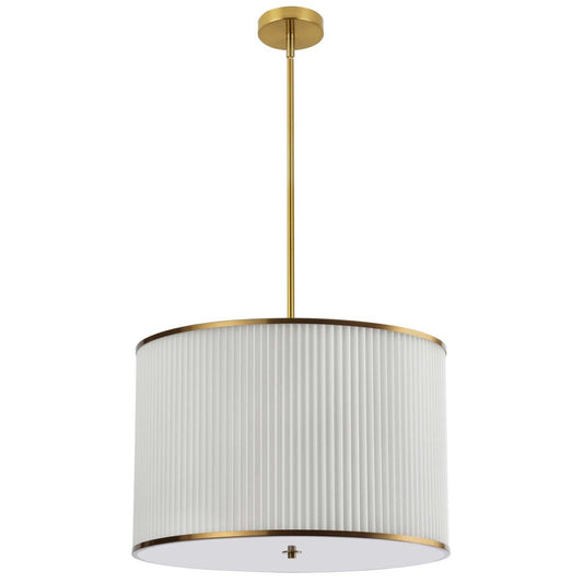 Dainolite Prudy 4 Light Pendant Aged Brass White Ceiling Shade Lamp|Luminaire suspendu Prudy de Dainolite avec abat-jour plissé blanc, fini laiton vieilli et 4 ampoules