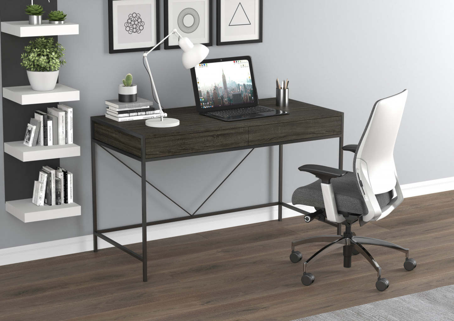 Bureau d'ordinateur de 49 po avec 2 tiroirs - bois gris avec métal noir