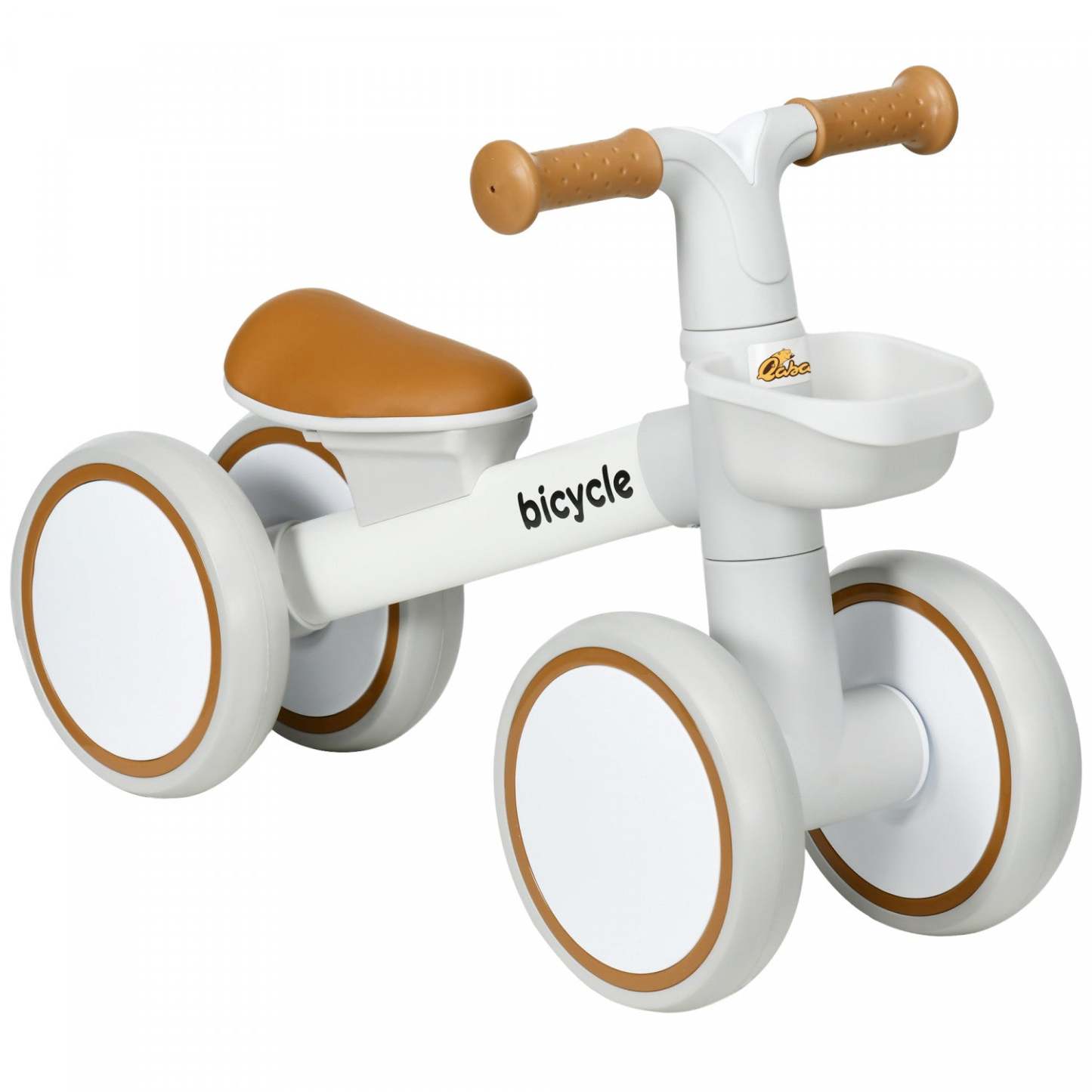 Qaba Baby Balance Bike, vélo d'équilibre pour tout-petits de 12 à 36 mois avec siège réglable, panier amovible, 4 roues silencieuses, vélo sans pédales pour garçons et filles, marron