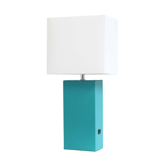 Lampe de table moderne Elegant Designs en cuir avec USB et abat-jour en tissu blanc, turquoise|D21L3SZ1