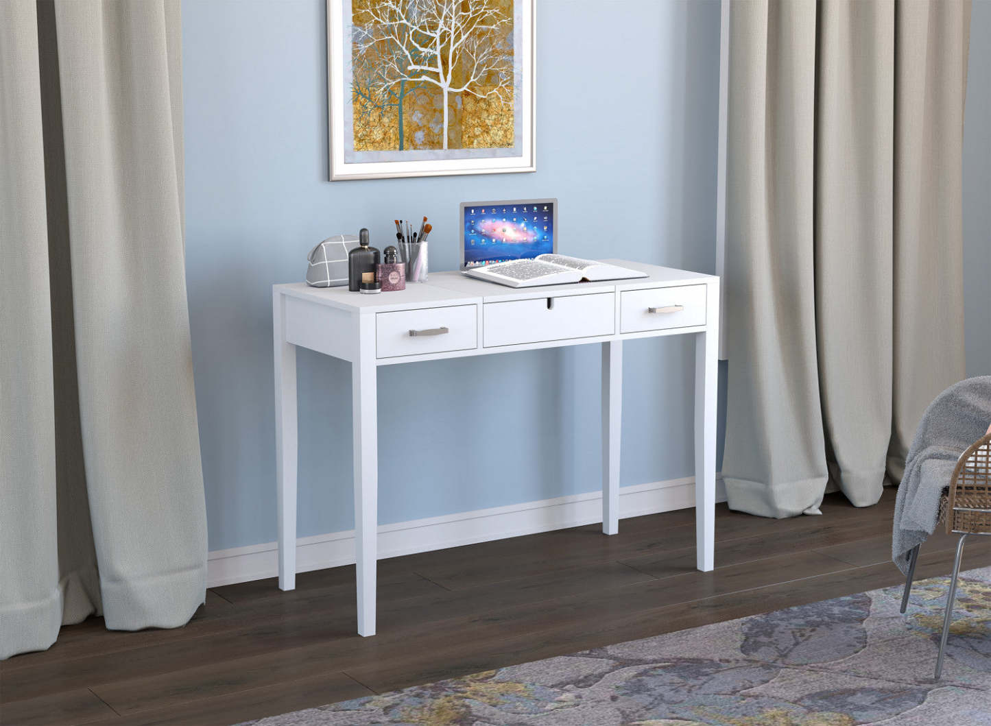Table console 40" avec 2 tiroirs et 1 miroir rabattable - Blanc | Console de 40 po avec 2 tiroirs et 1 miroir rabattable - blanche