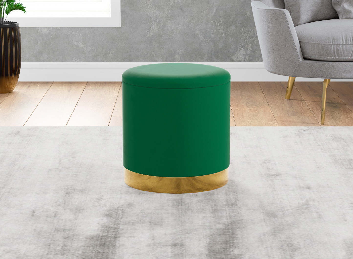 Pouf cylindrique en velours - siège avec revêtement vert forêt avec base en métal doré